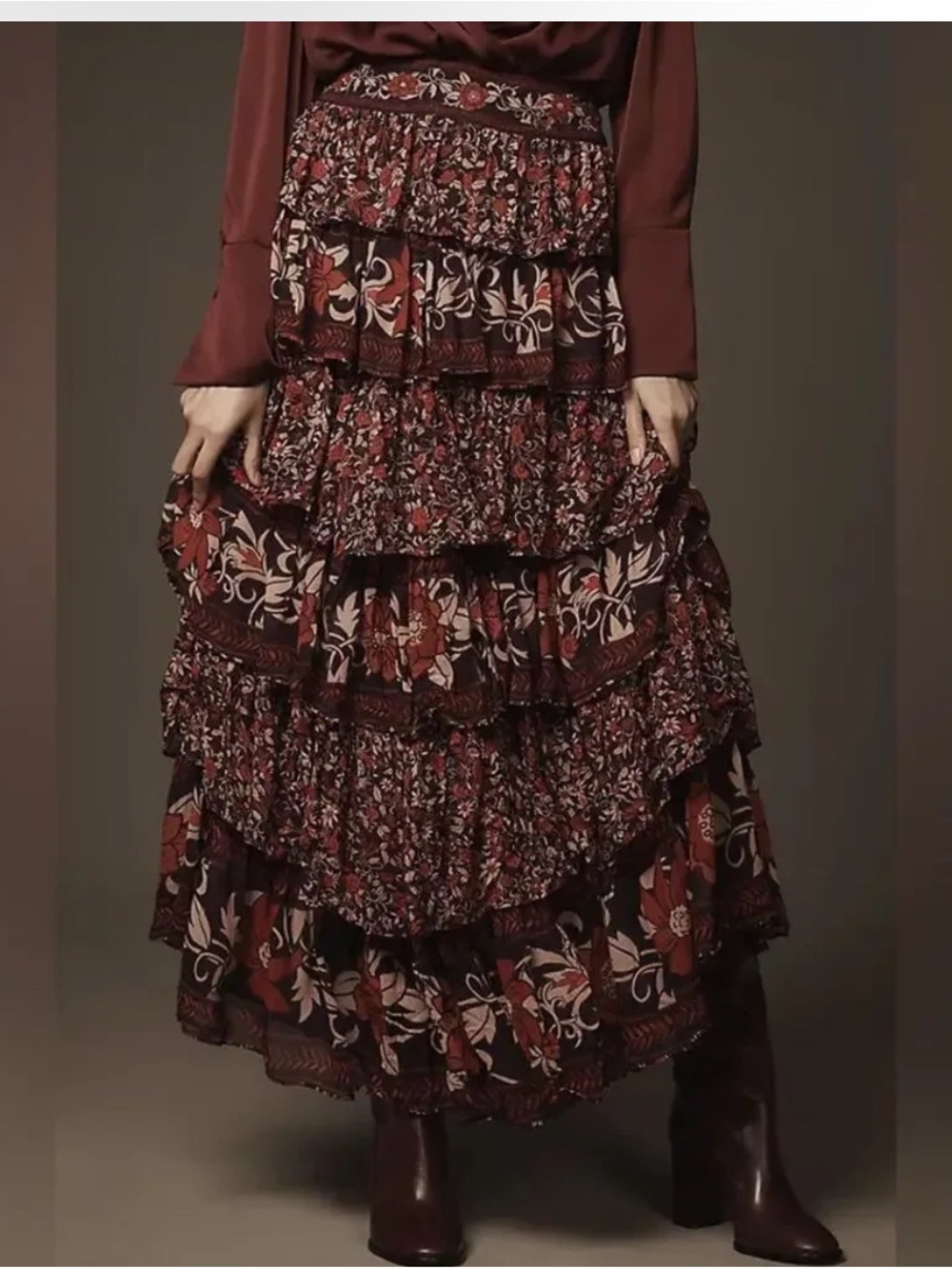 FARM Rio Tiered Floral Maxi Skirt - Navy, Red & Cream
